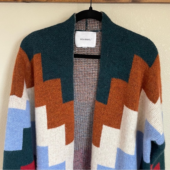 Sita Murt Anthropologie Maxi Length Geo Jacquard Longline Cardigan Sweater 42 - Picture 10 of 15